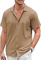 Vista 85 de COOFANDY Camisa casual con botones para hombre, manga corta, sin arrugas, camisa de verano