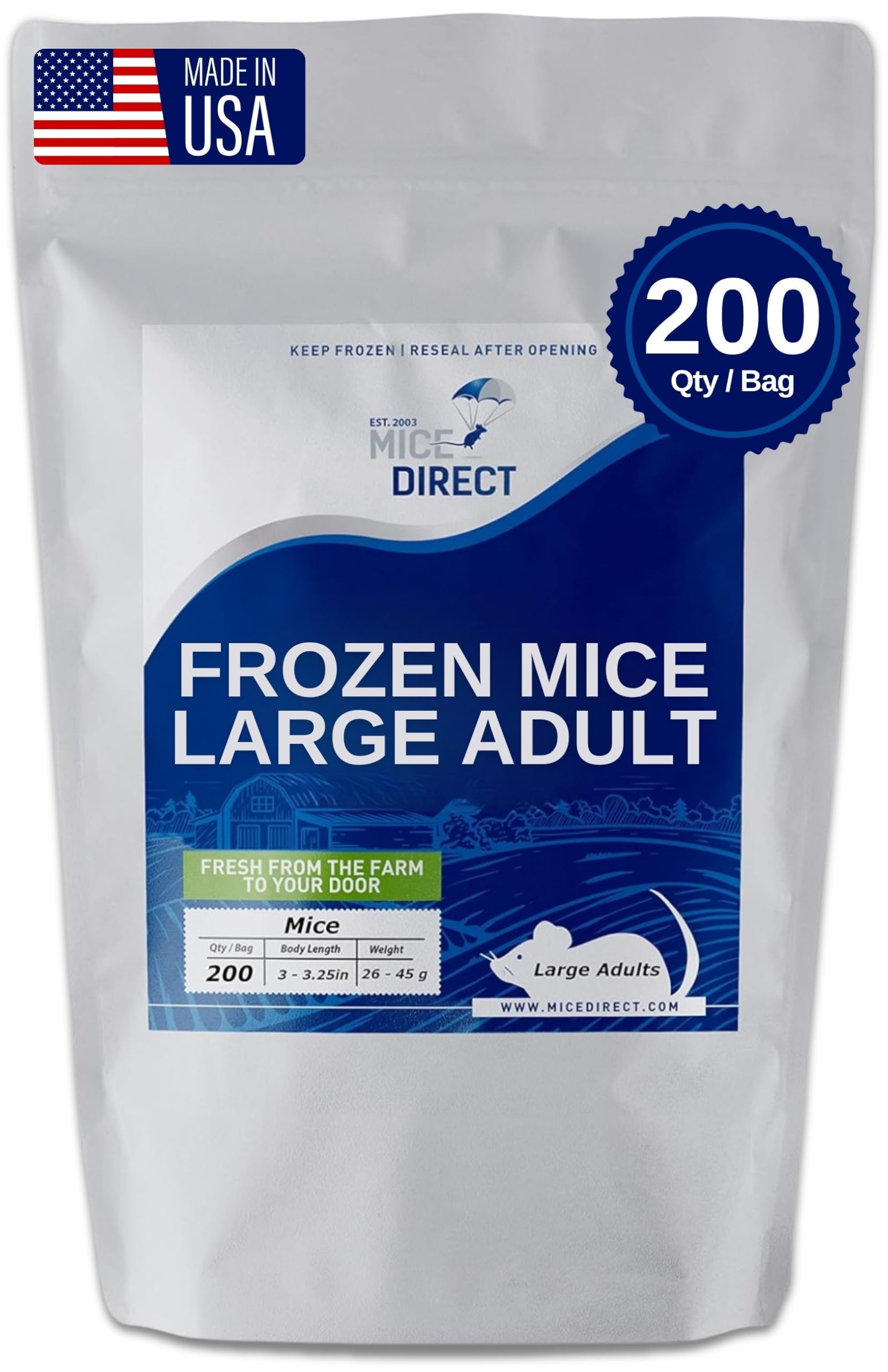 Frozen Large Adult Feeder Mice Food for Adult Ball Pythons Juvenile Red Tale Boa Monitors Lizards (200 Count)