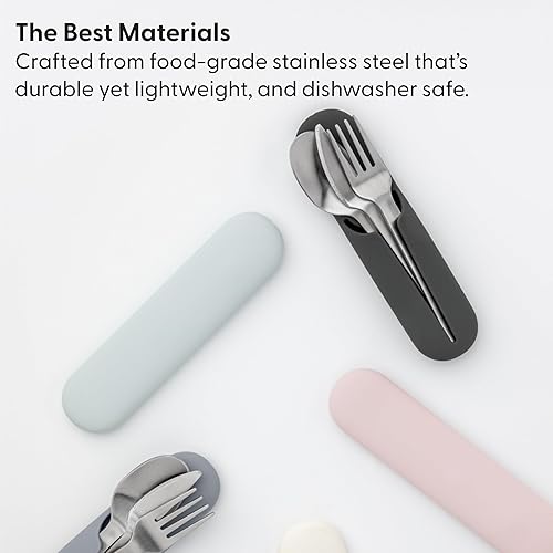 Miniatura 4 de W&P Porter Utensilios de acero inoxidable con estuche de transporte de silicona  Crema de terrazo  Cuchara, tenedor y cuchillo para comidas sobre la