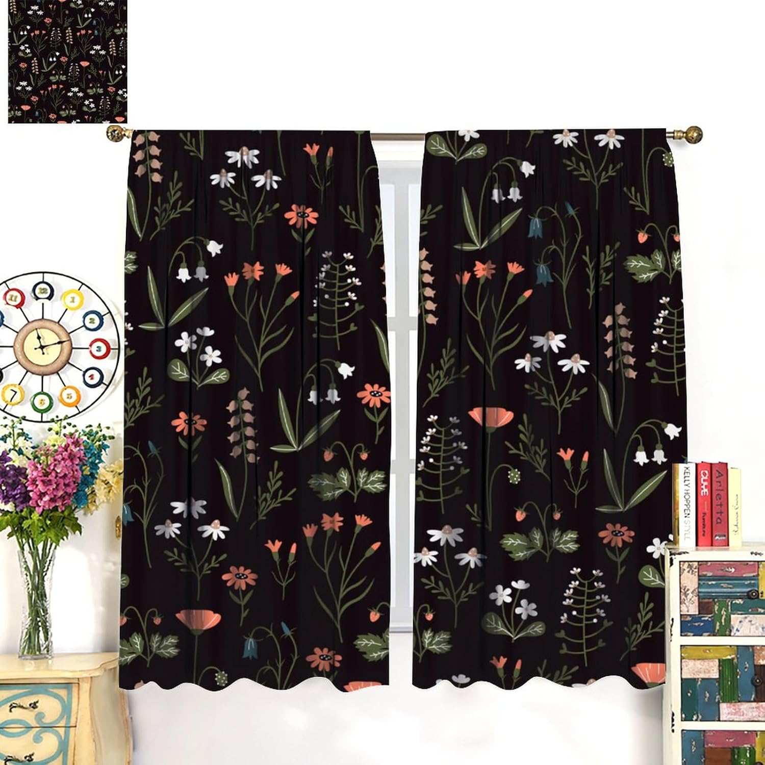 JESTRONRY Floral Print Curtains,Cute Wildflowers Rustic Print Vintage Style Blackout Rod Pocket Window Drapes for Living Room Bedroom Kitchen Bathroom Home Decor W42xL45in