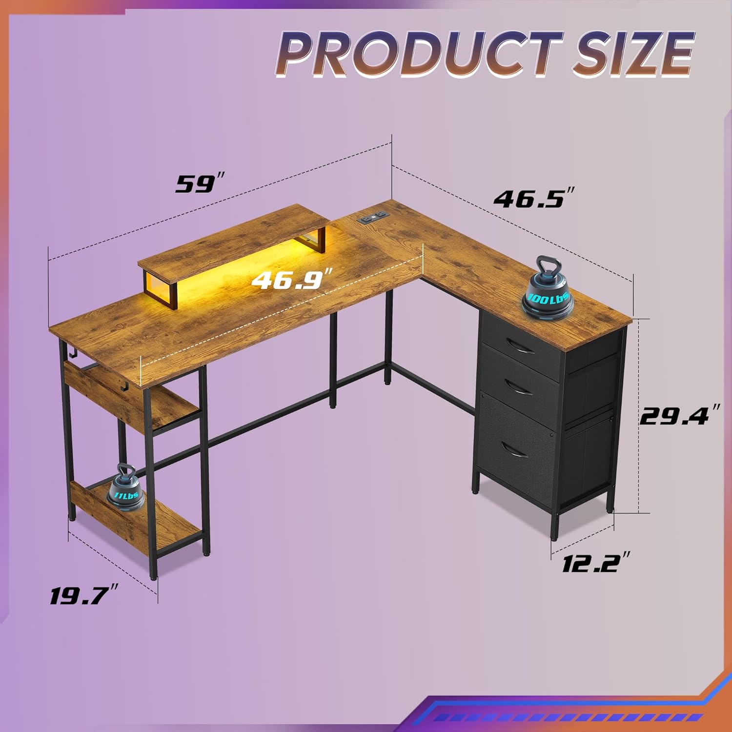 Product dimensions diagram for the DEVAISE L-Shaped Gaming Desk