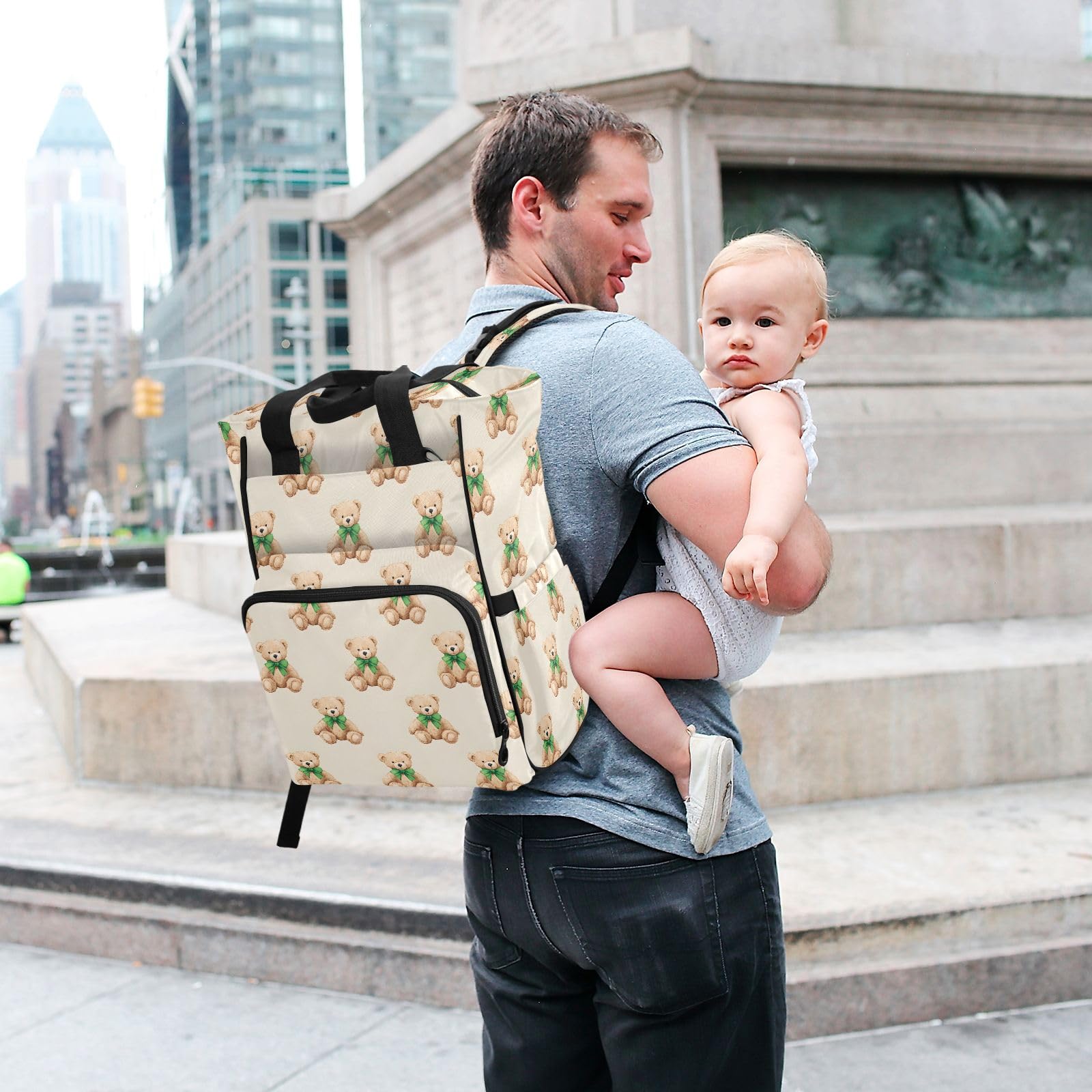 Mnsruu Baby-Wickeltasche mit Teddybär-Schleifenmuster, große Tasche, wasserdicht, Reise-Wickeltaschen für Mütter und Väter
