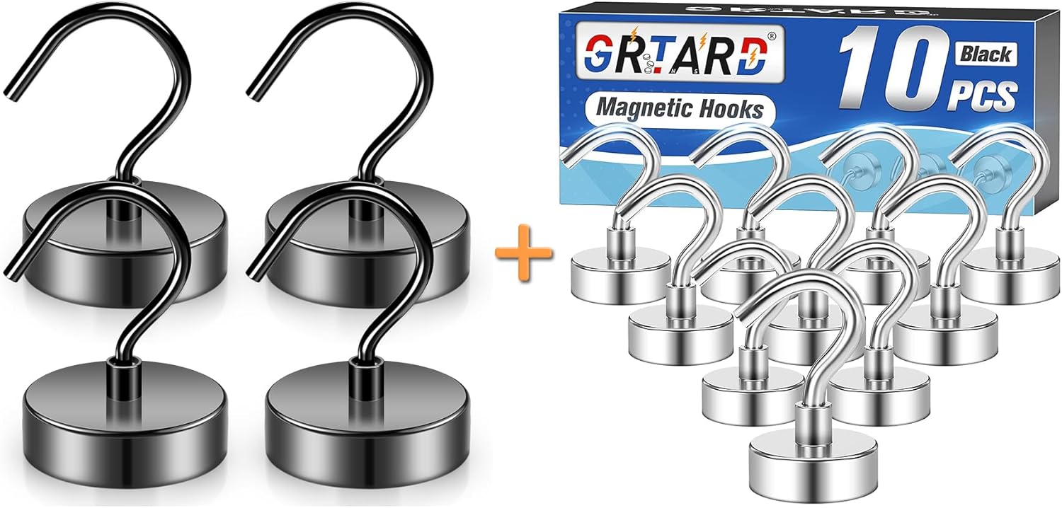 Grtard 4Pack Black 100 lb Heavy Duty Strong Neodymium Refrigerator Magnet Hooks, Magnet with Hooks for Curtain 10 Pack 25LBS Magnetic Hooks Heavy Duty, Strong Neodymium Magnet Hooks for Hanging