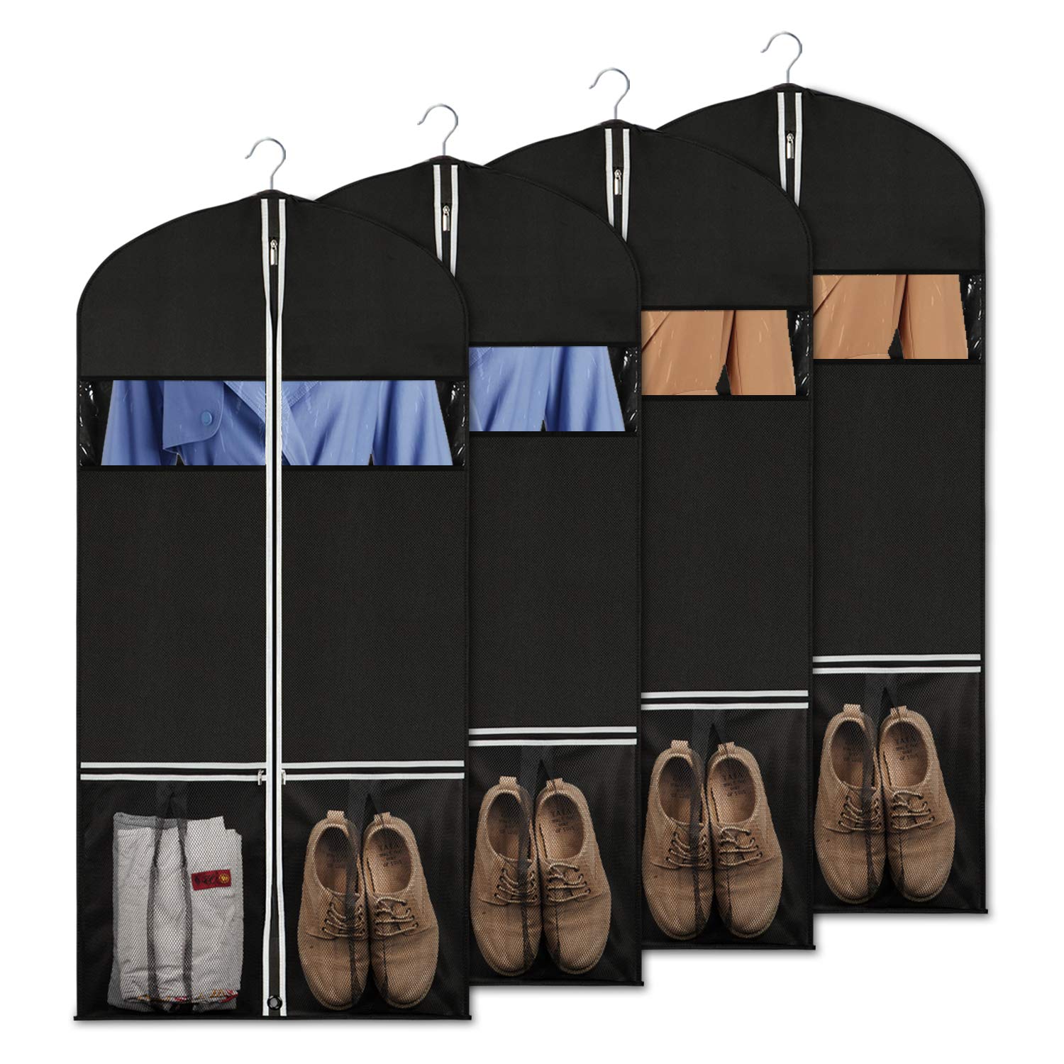 Syeeiex Suit Garment Storage Bag Breathable Clothes Cover with 2 Large Mesh Pockets and Clear Window for Suit, Dress, Tuxedo Set of 4 (24″ × 43″ - 4pcs)