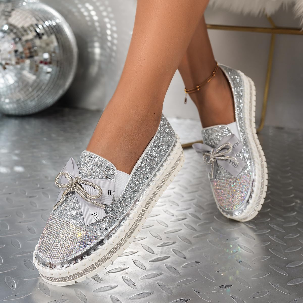 Zapatos deportivos de plataforma con lazo y diamantes de imitación para