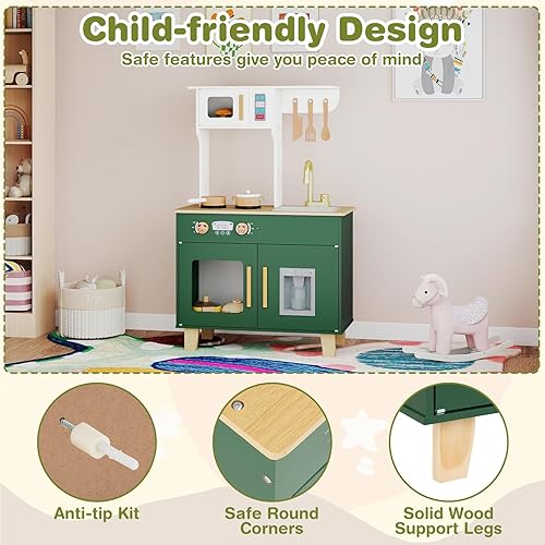 Miniatura 7 de HONEY JOY Play Kitchen, juego de cocina retro de juguete de madera con estufa, fregadero, grifo, microondas, máquina de hielo, utensilios de cocina,