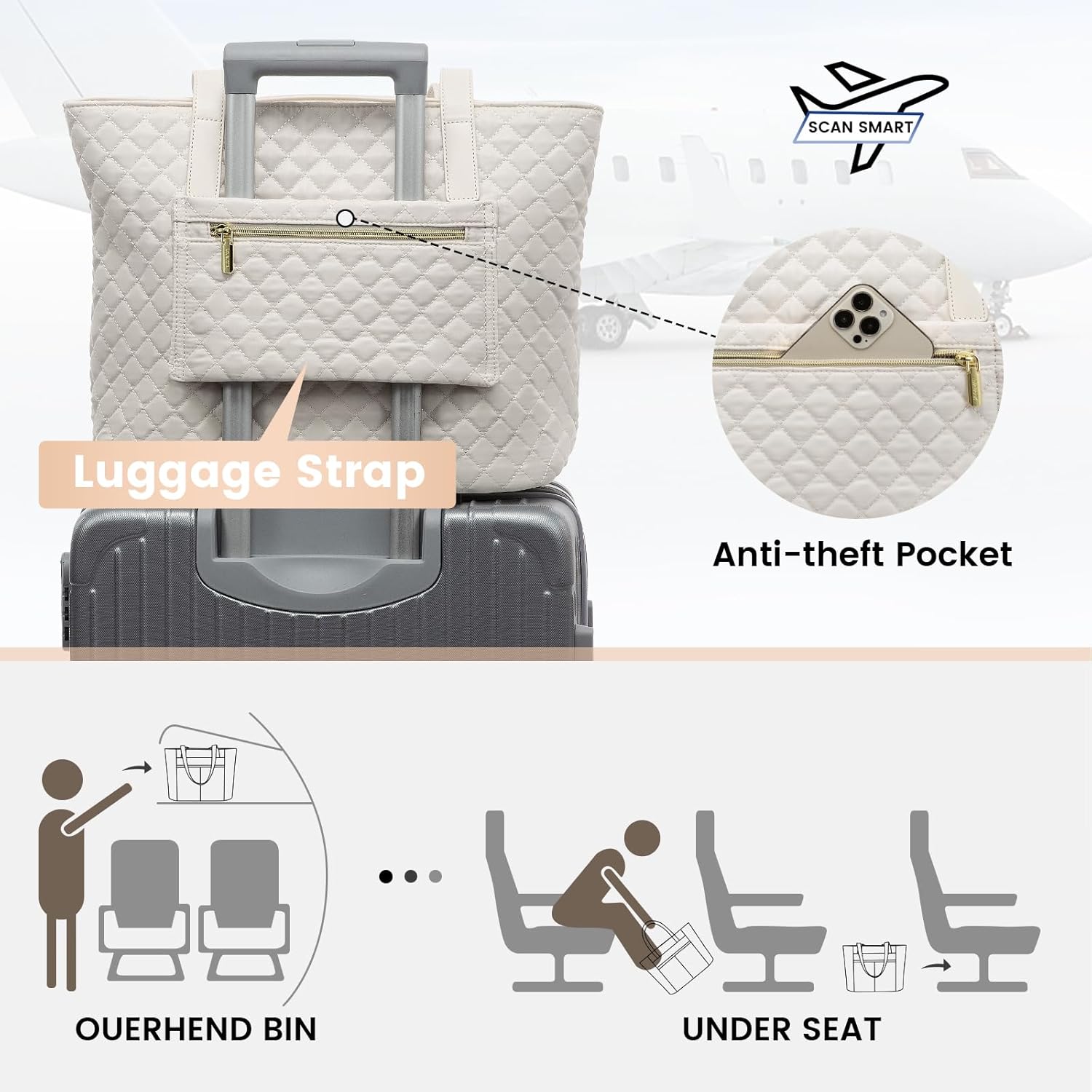 LOVEVOOK Laptop Bag for Women 17 inch,Diamond Quilted Work Tote Bags Womens Laptop Tote Bag Computer Shoulder Bags,Stylish Travel Tote Bags Laptop Purse Briefcase Handbag with Clutch Purse,Off-white - Image 6