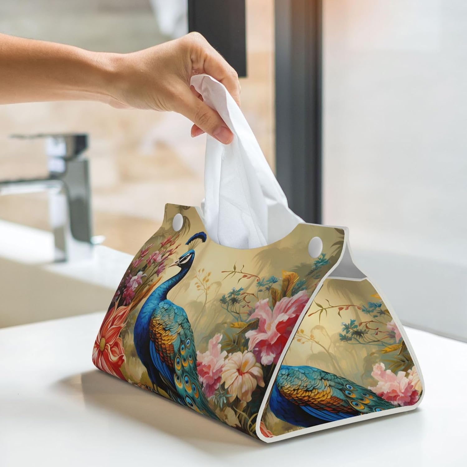 Cute Peacock Flowers Print Rectangle Tissue Box Cover Rectangular Tissues Boxes Cover Decorative Tissue Case Paper Holder Organizer Long Leather Tissue Case Box Cover for Bedroom Dining Office Desk image 3