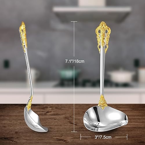 Miniatura 2 de KEAWELL Cucharón de salsa de lujo de 7.2 pulgadas, acero inoxidable 1810, acento dorado, cuchara pequeña para salsa para el hogar. Sólido y