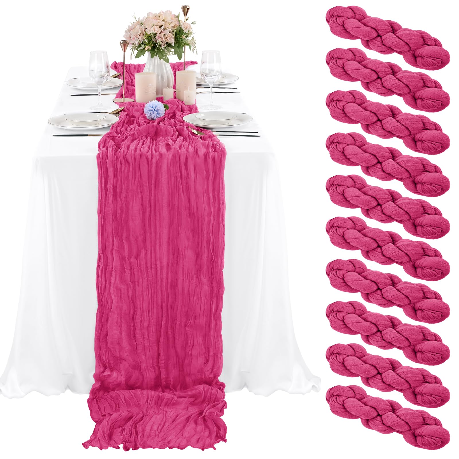 10 Pcs Hot Pink Cheesecloth Table Runner 10FT, Gauze Table Runner for Wedding Reception Sheer Bridal Shower Birthday Party Boho Table Decoration,