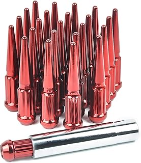 MIKKUPPA 14mm x 1.5 Wheel Spike Lug Nuts, 24 x Chrome M14x1.5 Lug Nut, Cone/Conical Bulge Seat, Red Closed End Nuts with 1 Socket Key Replacement for Silverado Aftermarket Wheel
