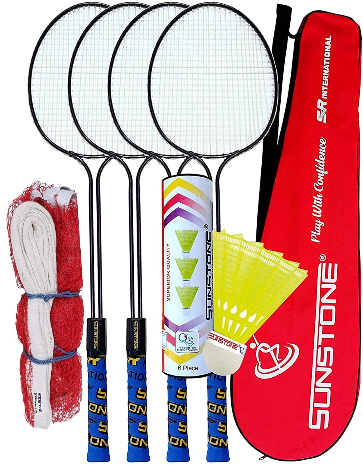 SUNSTONE Badminton Rackets 4 Piece 1 Badminton NET Four Side Tape Cover 6 Nylon Shuttlecocks with Full Cover DX 377, Blue
