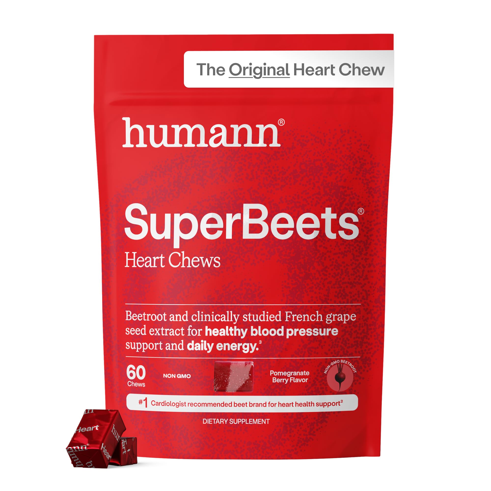 Humann SuperBeets Heart Chews, Nitric Oxide and Blood Pressure Support, Grape Seed Extract & Non-GMO Beet Root Powder Energy Supplement, Pomegranate Berry Flavor, 60 Count