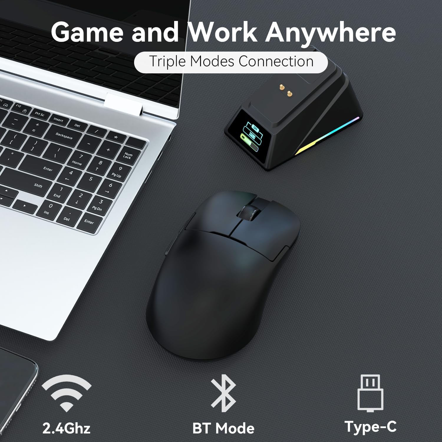 AJ159 8Khz Ultralight Gaming Mouse with RGB Magnetic Screen Charging Dock -30K dpi Optical Sensor - Huanuo 100 Million Click - Ice Sensation Coating Trip-Mode Mice