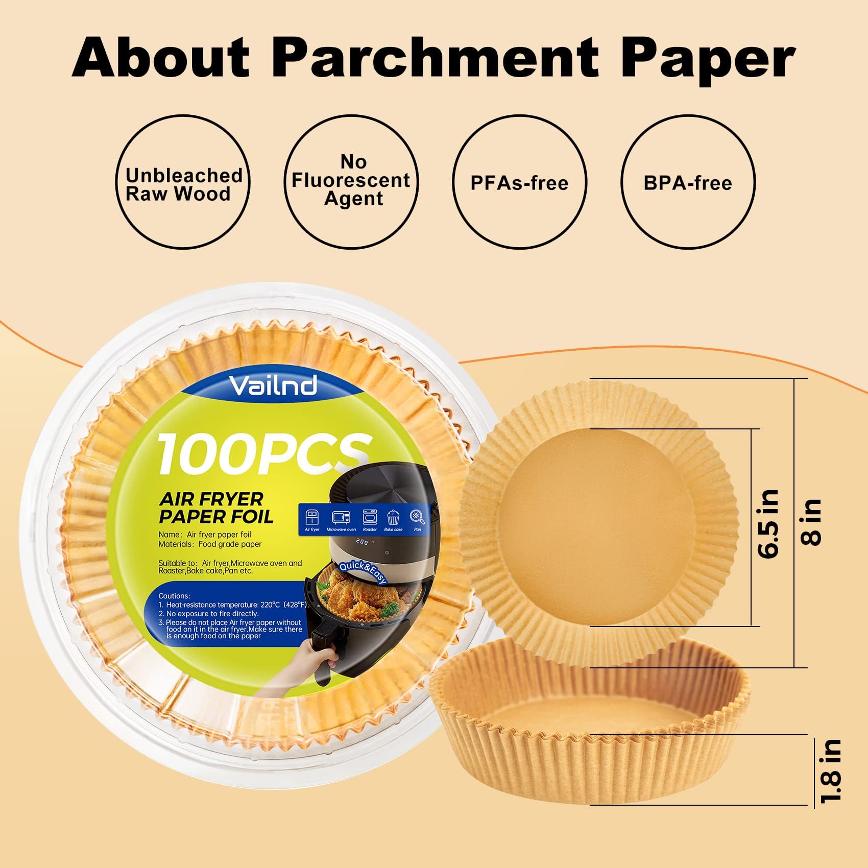 Forros de papel desechables para freidora de aire: 100 hojas redondas de pergamino a prueba de aceite, forro de cesta de papel para freidora de aire para hornear alimentos