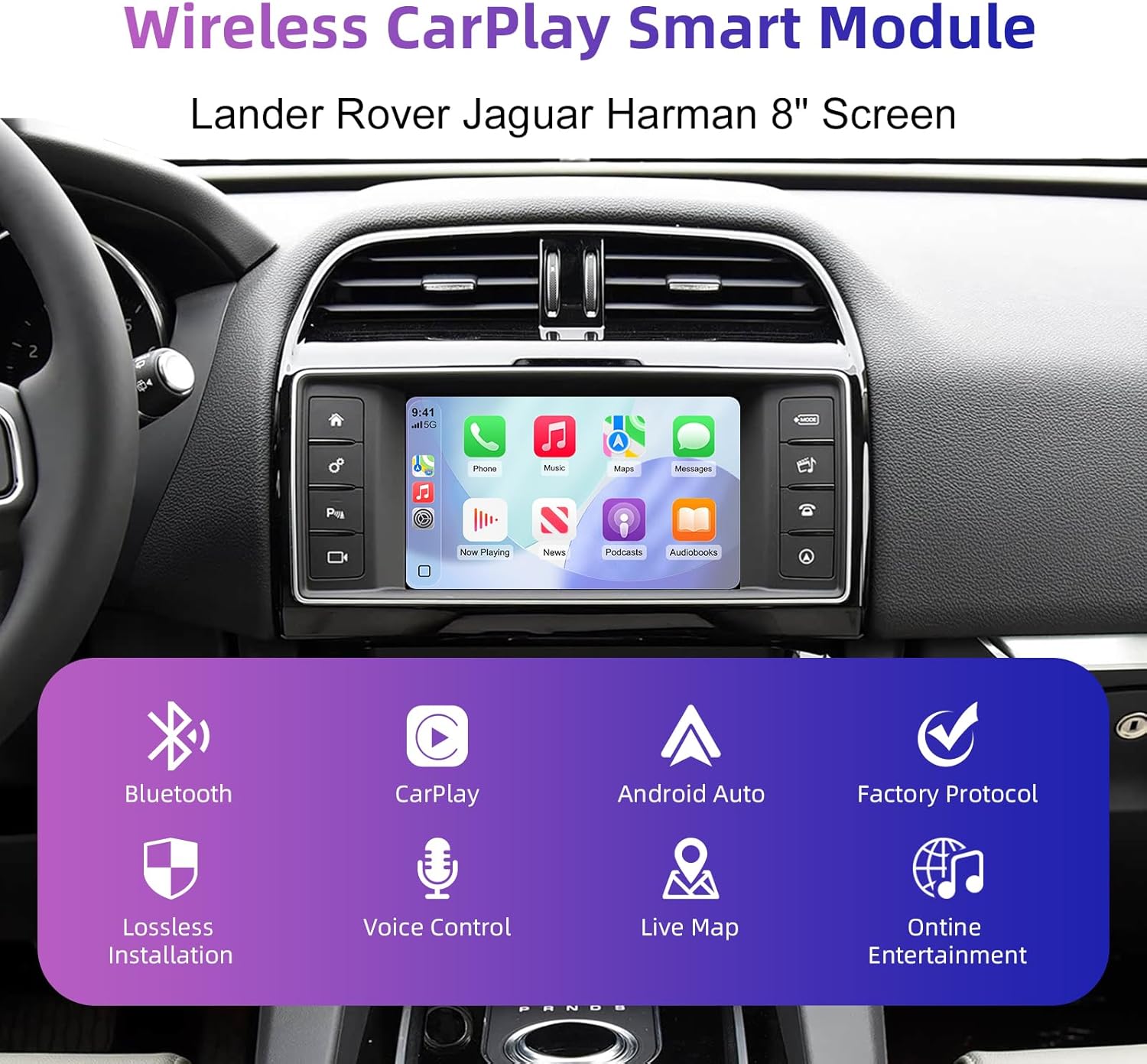 Graphic illustrating key features: Bluetooth, CarPlay, Android Auto, Factory Protocol, Lossless Installation, Voice Control, Live Map, Online Entertainment.