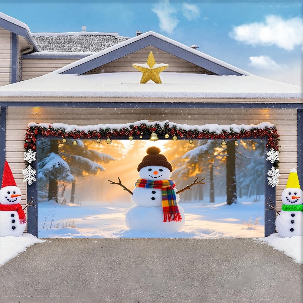 Zfflyh Snowman A Christmas Garage Door Cover Banner Decoration Large Backdrops Holiday Door Cover Mural For Christmas Decoration For Xmas Eve Holiday Outdoor Wall Decor,,8X7ft