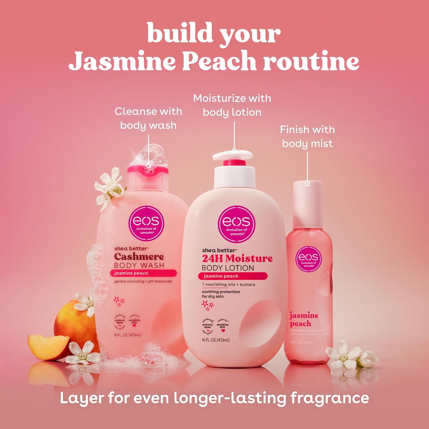 eos Shea Better Body Lotion Jasmine Peach, 24-Hour Moisture Skin Care, Lightweight & Non-Greasy, Natural Shea, Vegan, 16 fl oz Jasmine Peach 16 Fl Oz (Pack of 1)