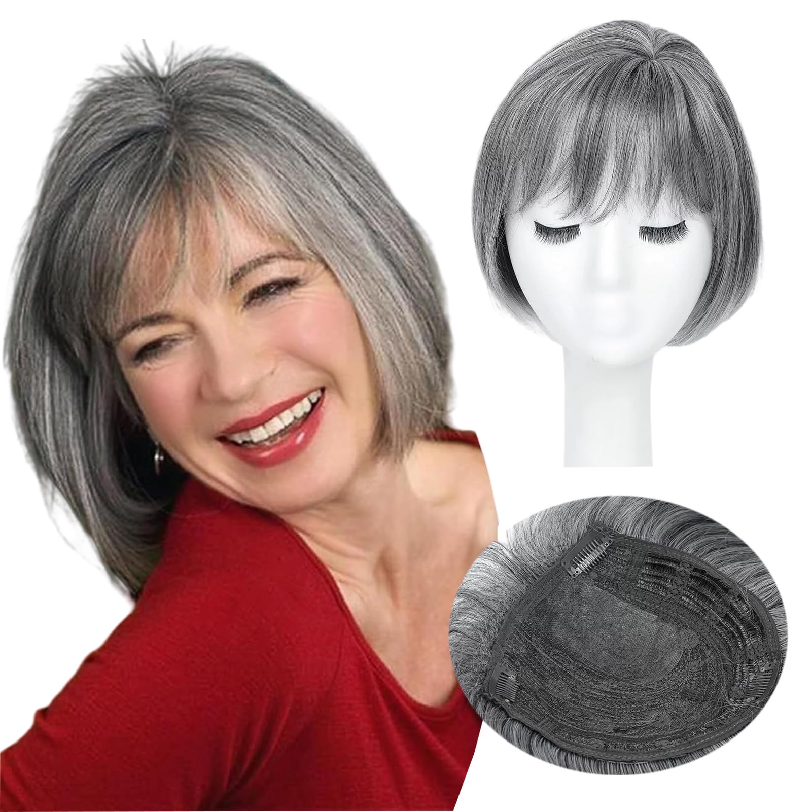 Hair Toppers Hair Short Bob Wig Topper 6.5x6.5 Inch Large Base Synthetic Hairpiece with Clip-in/Side Bangs Invisible Breathable Net 360°3D Coverage for Extra Volume (Dimgrey)