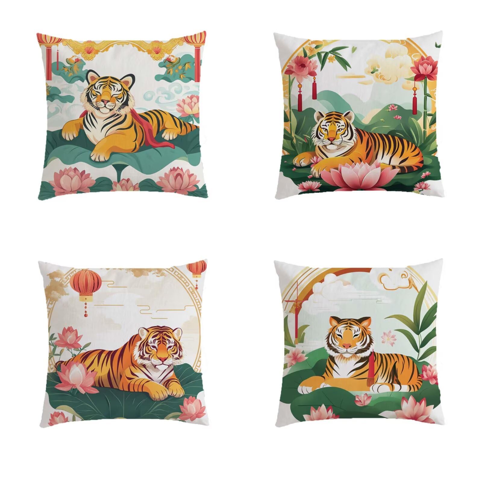 Housse coussin 60x60cm imperméable carrée motif fleurs et tigre lot de 4