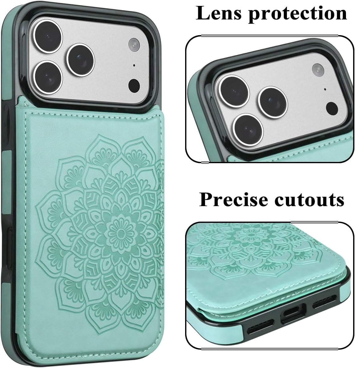 MMHUO for iPhone 17 Pro Max Case with Card Holder,Flower Magnetic Buttons Protective Wallet Case for Women for iPhone 17 Pro Max (6.9 Inch),Mint - Image 3