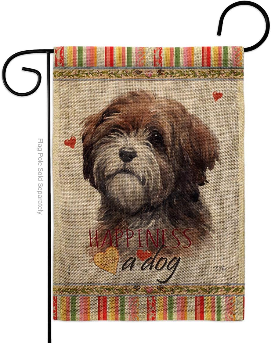 Brown Tibetan Terrier Happiness Garden Flag Set with Stand Animals Dog Puppy Spoiled Paw Canine Fur Pet Nature Farm Animal Creature Small Gift Yard House Banner Made In USA 13 X 18.5