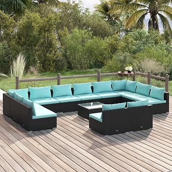 13-Piece Black PE Rattan Patio Furniture Set with Water Blue Cushions, Modular Outdoor Lounge Seating for Balcony Porch Backyard Garden