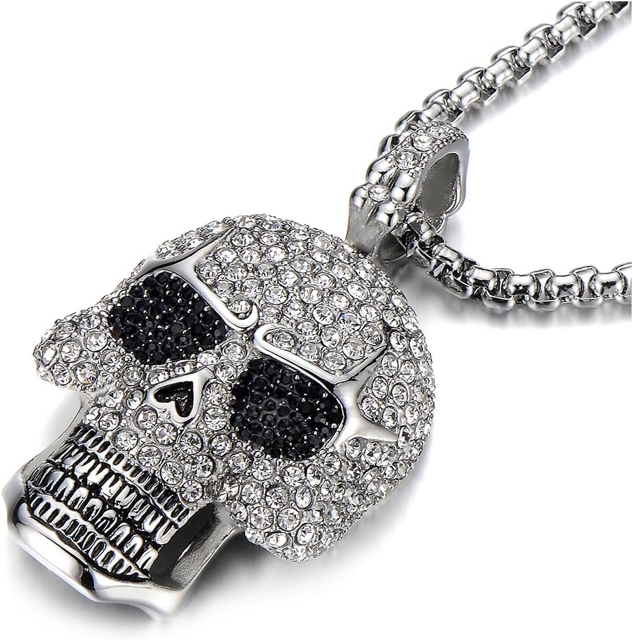 Steel Large Sugar Skull Pendant Necklace for Men Women with Cubic Zirconia and Wheat Chain