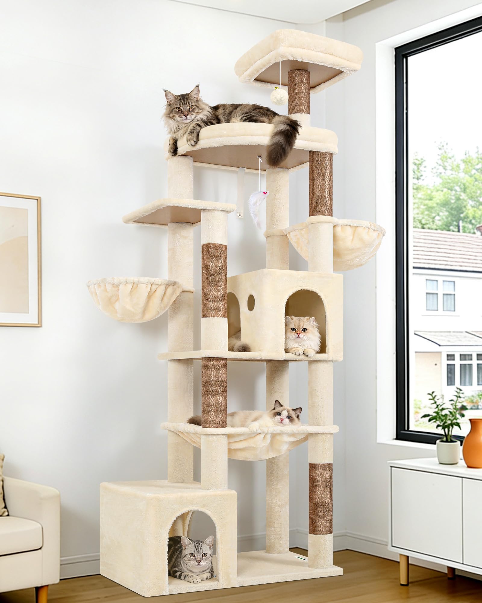 Globlazer Beige Albero Tiragraffi per Gatti XXL 194 cm con 2 Grande Grotte, Immenso Amaca 50 * 40CM, Piattaforma Imbottiti, 2 Cestini, Trespoli, Enorme Tiragraffi per 3-5 Gatti Adulti (S76B, Beige)