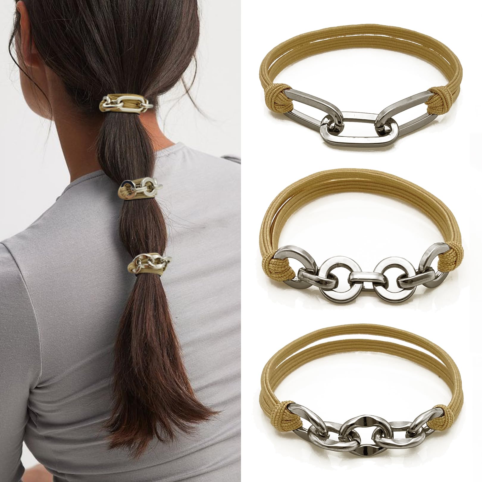 Hair Tie Bracelets for Women, 3Pcs Cute Elastic Hair Ties Ponytail Holders with Silver Jewelry Strenchy Bronde Scrunchies Hair Ties No Damage For
