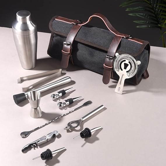 13-Pieces Portable Bartender Bag Travel Bartender Bag Canavs Bar Kit Bag for Carrying Bar Tools Perfect Storage,Travel Bar Set for Home Cocktail Making, Work, Parties, Camping (Bag with Tools)