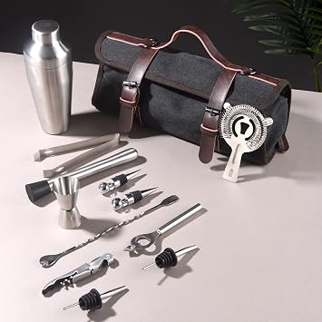 13-Pieces Portable Bartender Bag Travel Bartender Bag Canavs Bar Kit Bag for Carrying Bar Tools Perfect Storage,Travel Bar Set for Home Cocktail Making, Work, Parties, Camping (Bag with Tools)