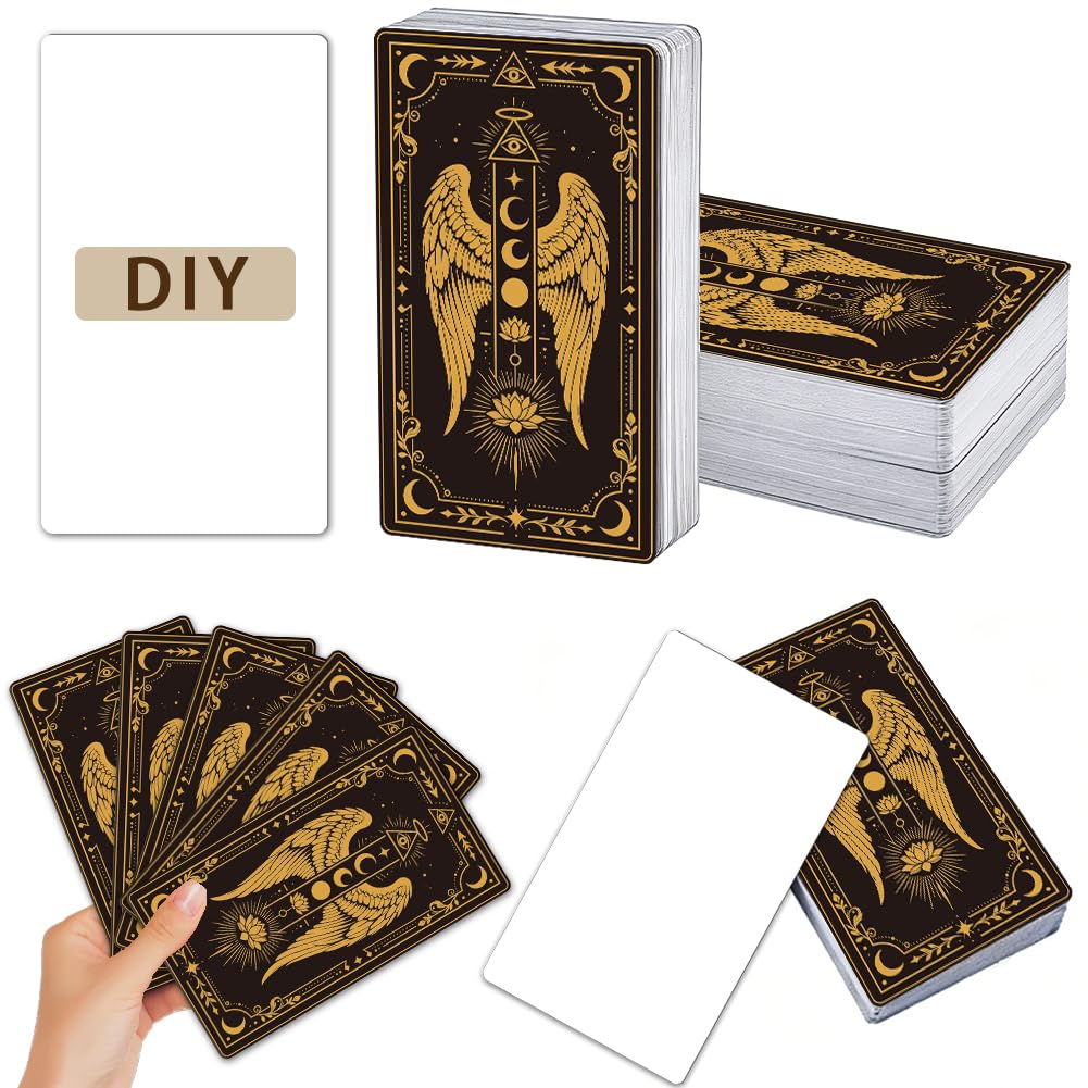 PRESSINART 100Pcs Blank Tarot Cards with Design on Back 2.71 x 4.72 Inch, DIY Playing Cards to Write On with Black Gold Wing Moon Design Oracle Deck for Tarot Practice Divination Reading Craft Kit