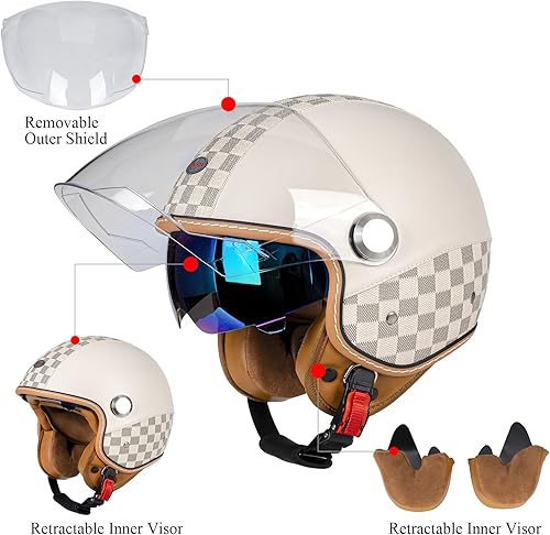 Miniatura 5 de Casco de motocicleta de doble visera 34 de cara abierta para hombres y mujeres, aprobado por DOT, unisex, casco retro para ciclomotor, crucero,