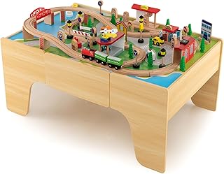 KOTEK Train Table, 84-Piece Wooden Toy Activity Playset with Storage, Tracks, Vehicles, Bridge, Tunnel, Buildings, Train Set Table for Toddlers, Gift for Boys Girls
