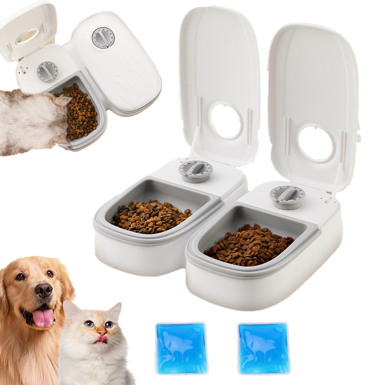 Automatic 2-Meal Cat Feeder with Ice Packs, 48H Timer Wet Cat Food Refrigerated Dispenser for Wet and Dry Food, Portion Control for Cats and Small Dogs