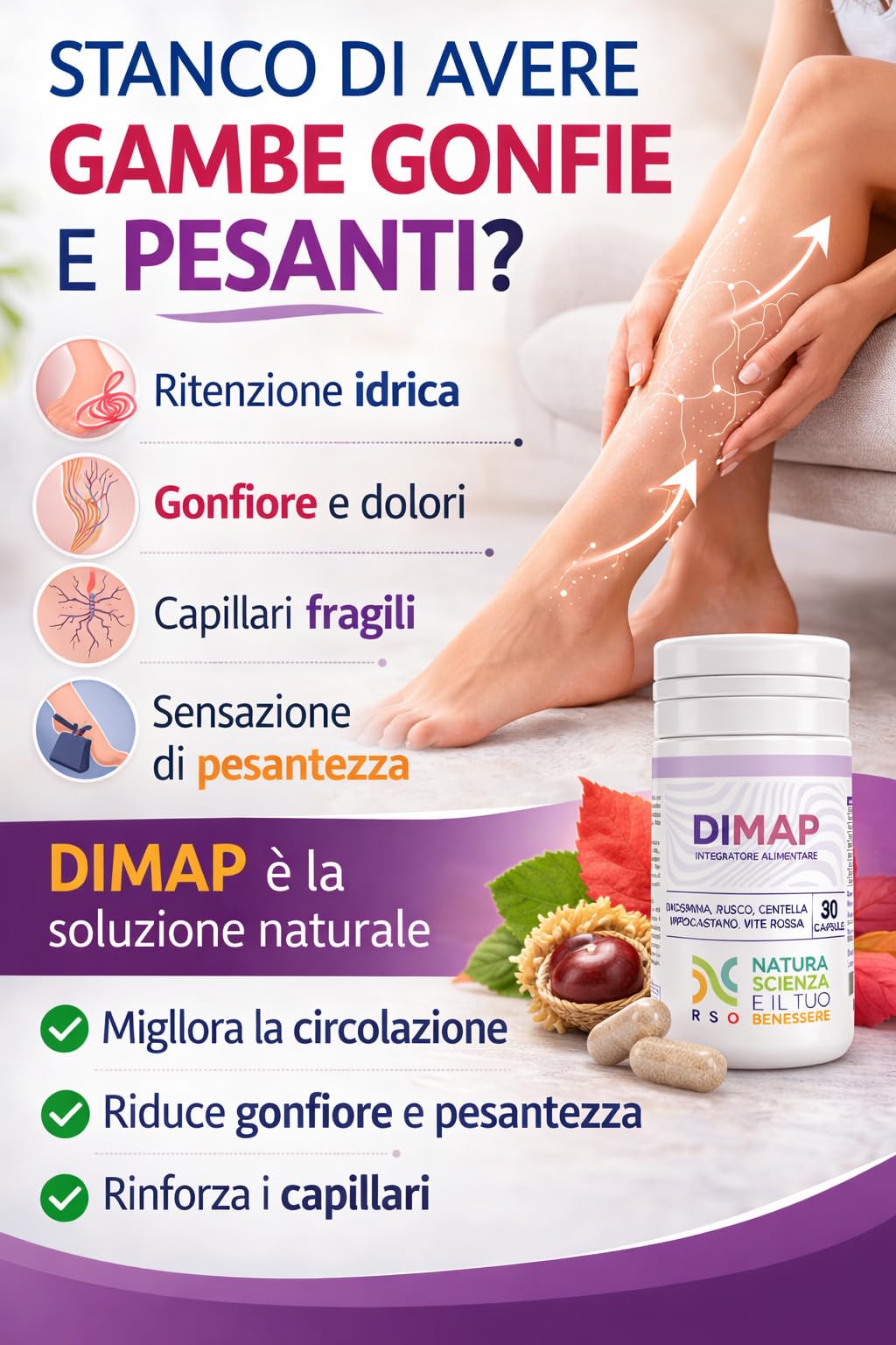 DIMAP Circulation Jambes Gonflées et Varices | Diosmina 500 mg, Centella, Rusco | 30 Capsules | Complément pour Lourdeur, Microcirculation et Capillari | Fabriqué en Italie