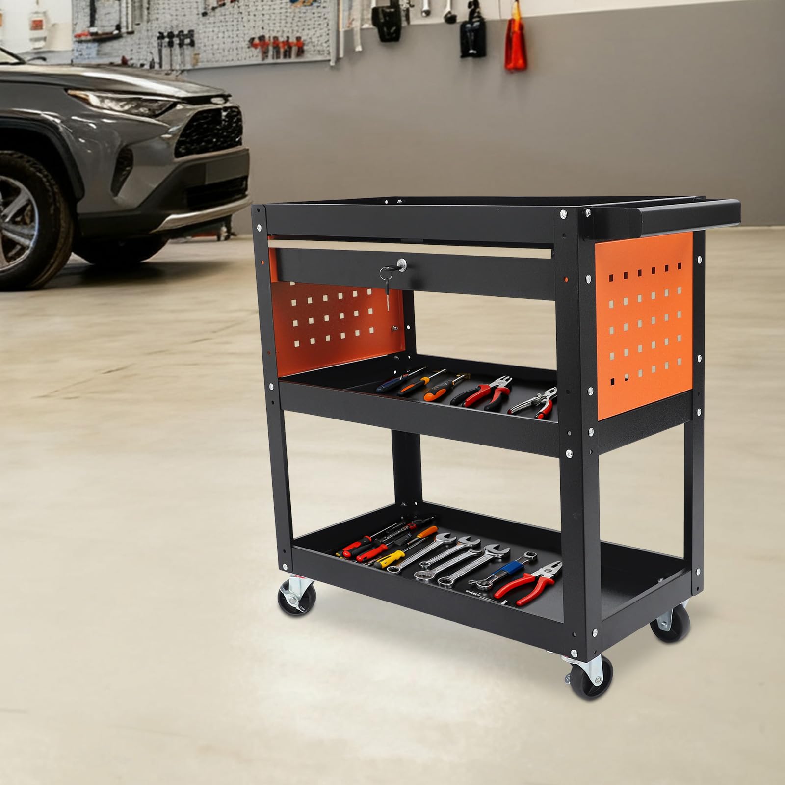 Carro de taller con 3 niveles, carro de taller con cajón y pared perforada, carro de herramientas con cerradura para taller, garaje y almacén, carro de servicio resistente