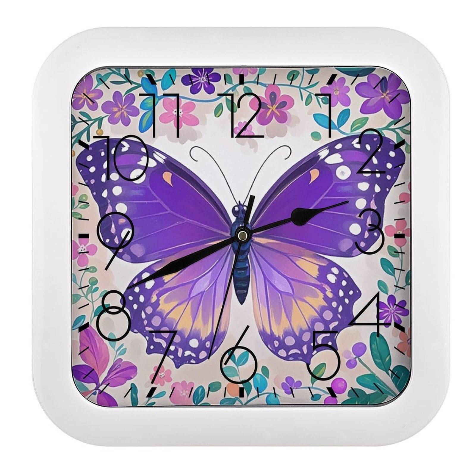 LZQPOEAS Cute Purple Butterfly Wall Clock Fashionable Versatile Silent Wall Clock Simple Elegant Non Ticking Analog Clocks Easy to Install Square Modern Clocks for Home Decoration