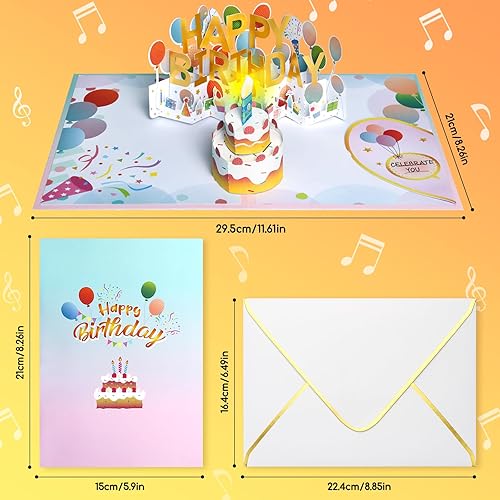 Miniatura 6 de Tarjeta de cumpleaños musical, tarjetas emergentes de cumpleaños 3D y luz LED soplable y tarjeta de cumpleaños de música para jugar, luz de soplar y