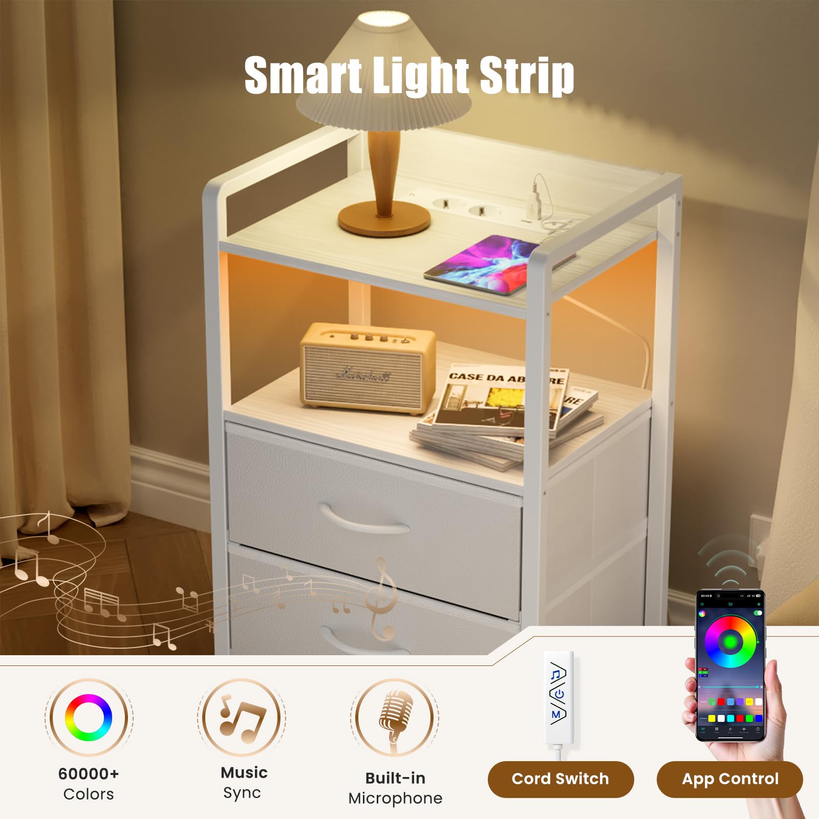 YOUDENOVA Comodino Camera da Letto, Set di 2 Comodini con Luci LED, Presa di Corrente e 2 Porte USB, ComodinI Moderno con 2 Cassetti in Tessuto e 2 Livelli, 30 x 40 x 62cm, Bianco Nuvola
