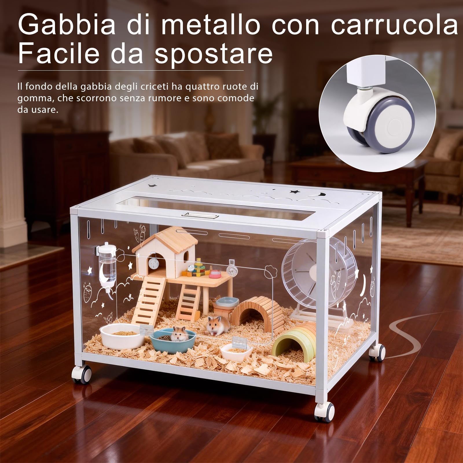 Grande gabbia per criceti in metallo, 80 x 50 x 55 cm, gabbia per roditori con ruote, stabile, bianca | Recinto per piccoli animali per conigli, criceti dorati, rimovibile, trasparente, facile da pulire