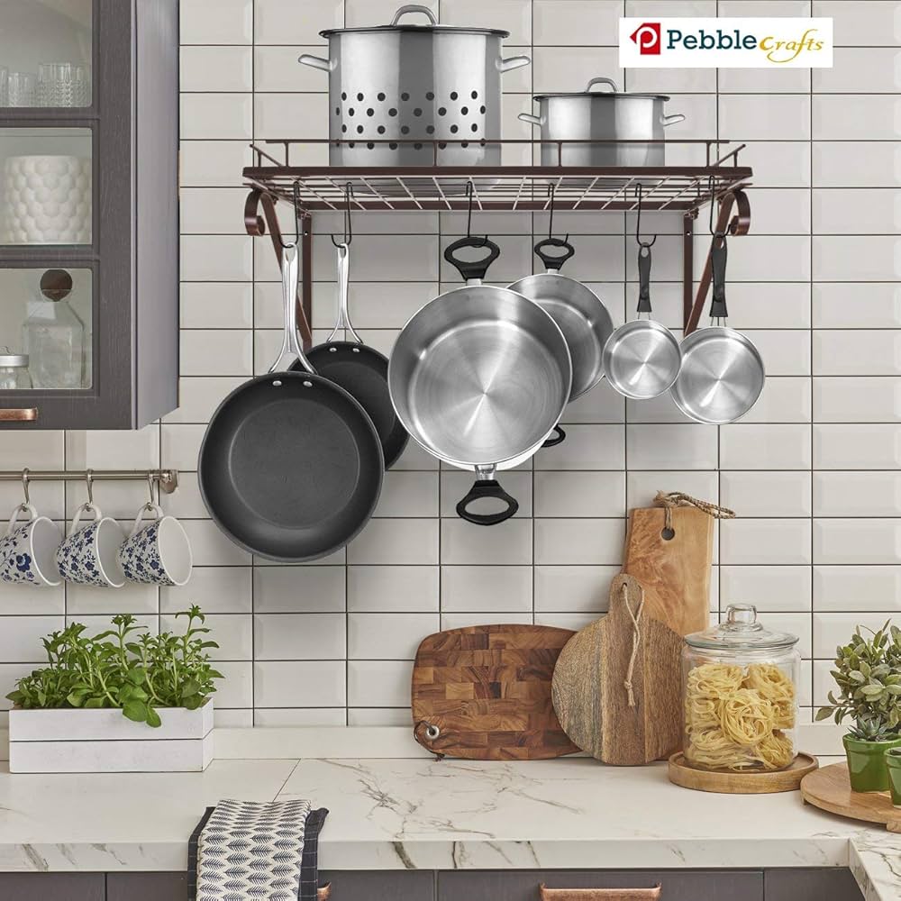 XEMQENER Wall Hanging Pan Pot Rack With 10pcs Removable Hooks, Wall