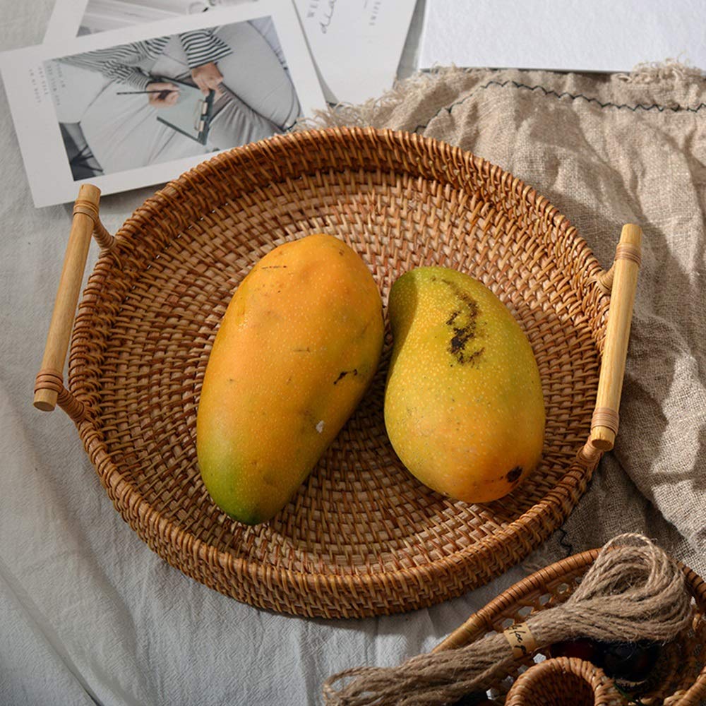 Rattan Handwoven Round High Wall Severing Tray Food Storage Platters Plate Over Handles for Breakfast Drink Snack for Coffee Tea