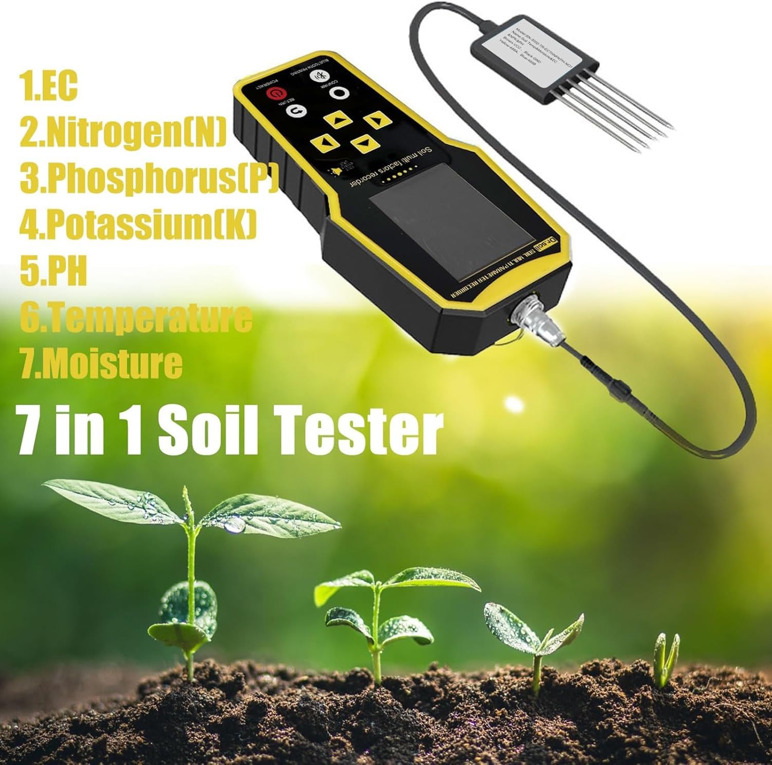 Tester del Terreno Multifunzionale 7 in 1, Tester di azoto, fosforo, potassio, NPK, PH, ECC., Test di fertilità del Terreno Digitale ad Alta precisione e sensibilità.
