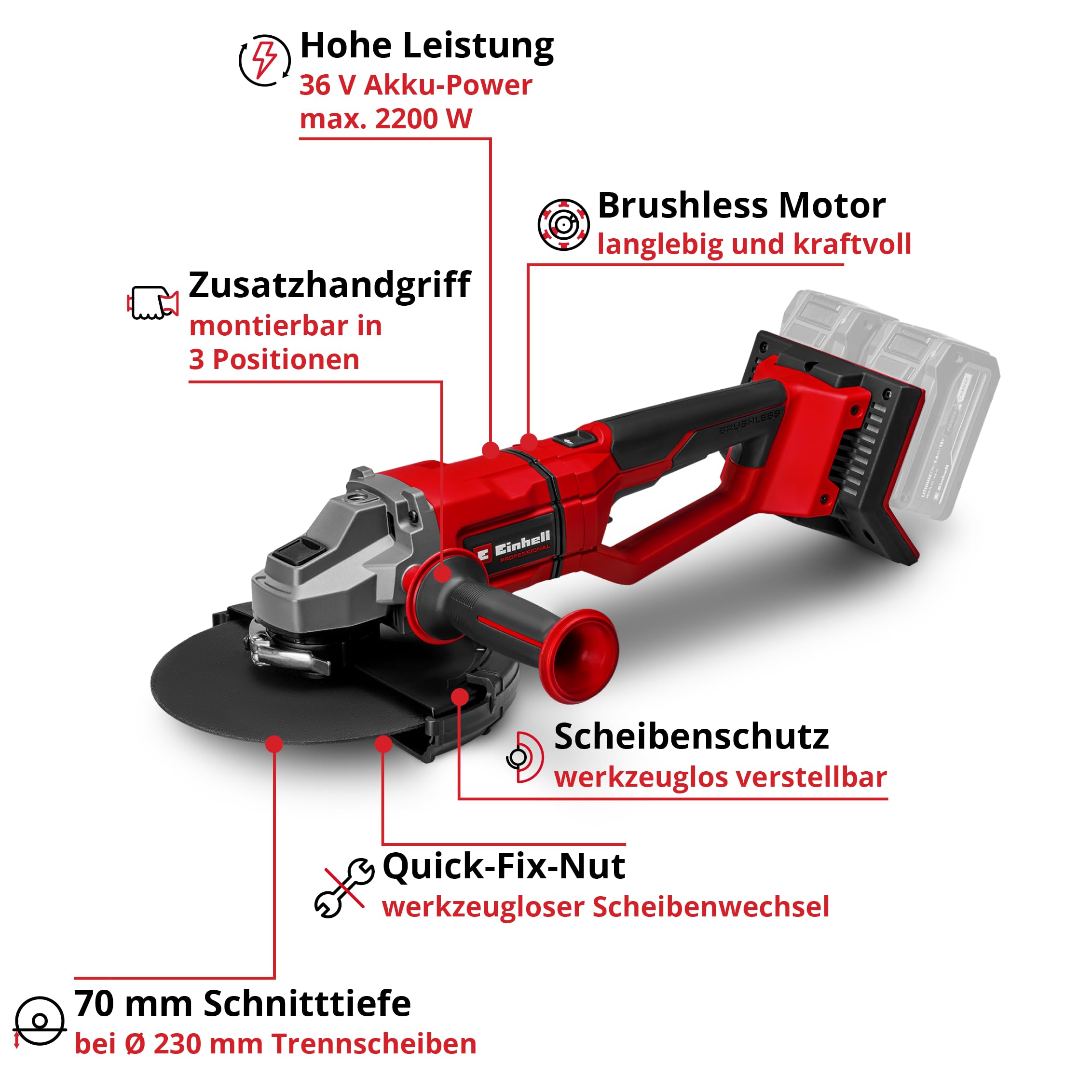 Einhell Professional Akku-Winkelschleifer AXXIO 36/230 Q Power X-Change (36 V, 2200 W, 230 mm Scheiben-Ø, 70 mm Schnitttiefe, Brushless, Quick-Fix-Nut, ohne Trennscheibe, ohne Akku)