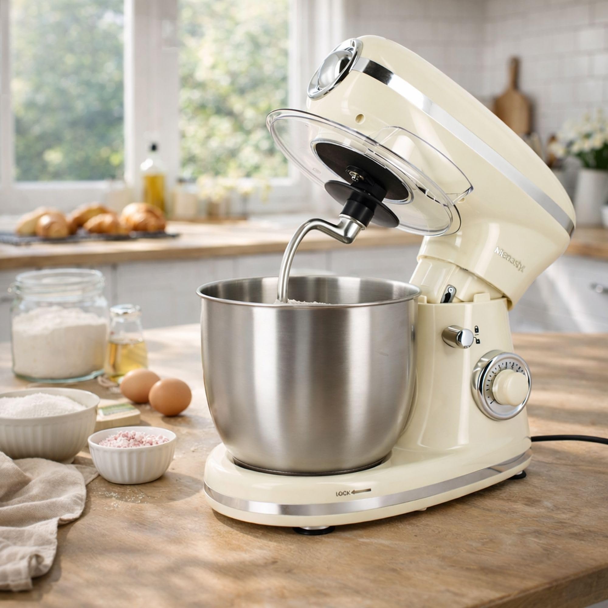 MENASTYL - Robot pâtissier rétro en polypropylène et acier inoxydable – 1300 W, Bol 5 L Inox, 8 Vitesses + Pulse, Batteur et Crochet Pétrisseur, Couvercle Anti-Éclaboussures - Crème - 6025100