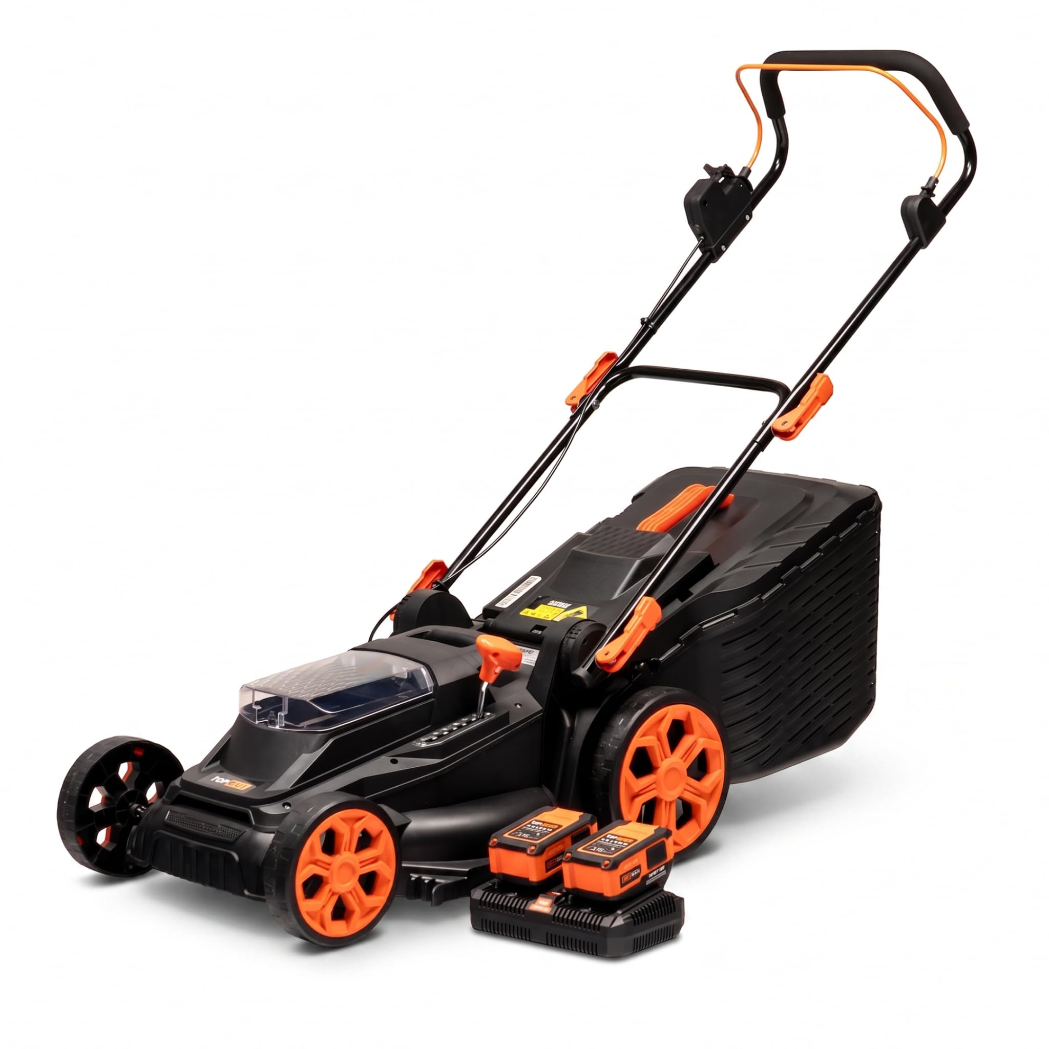 TOP CUT TC-LB-38-40V | Akku Rasenmäher Bürstenlos 38cm | 2X 4Ah Akku Doppel Ladegerät 45L Fangkorb 6 Stufen Schnitthöhe | Leichter Elektro Rasenmäher Schnurlos für Garten und Rasenpflege