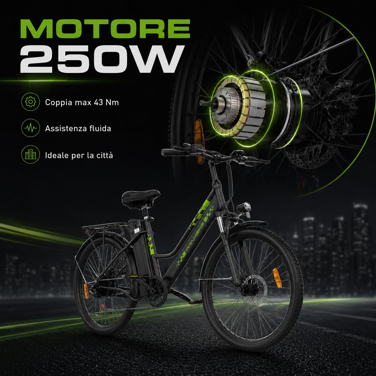 Bici Elettrica Urbana 250W | Batteria 36V 20Ah, Autonomia fino a 120km, Cambio 7 Velocità, Freni a Disco, Display LED, Telaio in Acciaio per Altezze 165-195 cm