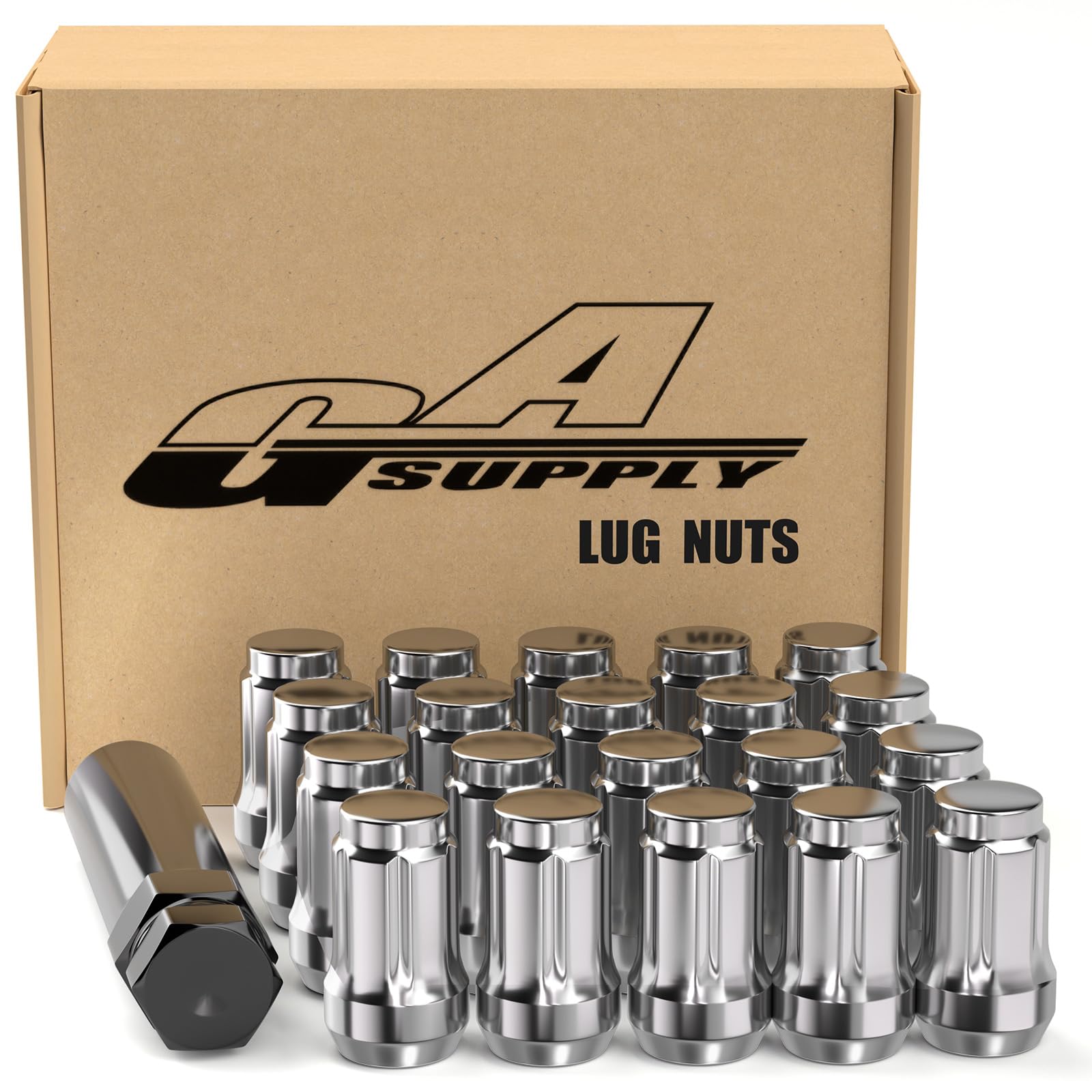 GAsupply 12x1.25 Lug Nuts Spline, M12x1.25 Closed End Acorn Tuner Chrome Lug Nuts, 1.38" Tall, Conical Seat 60 Degree, 20 Pack+ 1 Lug Nut Lock Key Socket